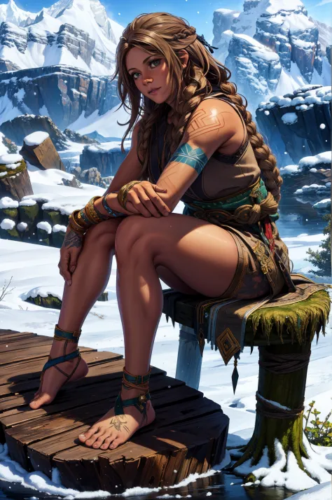 beautiful, (masterpiece:1.2), (best quality:1.2), Freya, looking at view, Snowy nordic background, Sitting on a stump, Celtic ta...