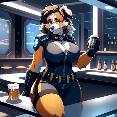 solo, 1girl, ((Saint Bernard)), anthro, furry, female, feminine, floppy ears, ((blue eyes)), sci-fi, night time, ((voluptuous, c...