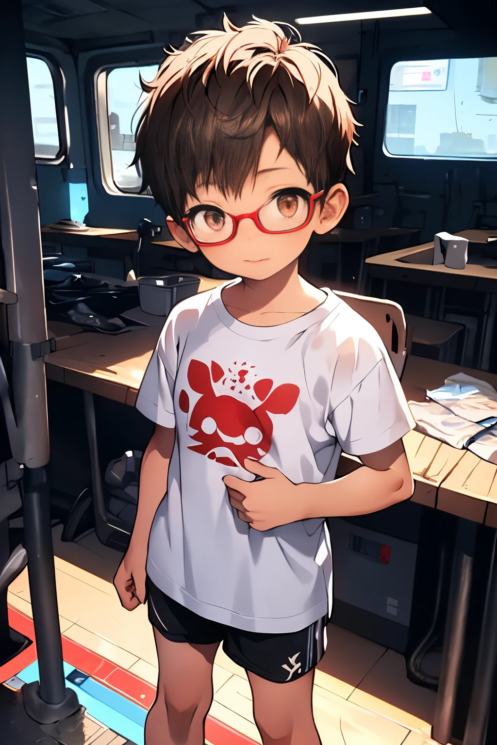 masutepiece, Best Quality, High quality, 1boy, Solo, Male Focus, Looking at Viewer, Upper body, a 10 year old boy、 light brown hair,asymmetrical bangs、The forehead is protruding、He wore red glasses and had brown eyes., 、Full body like