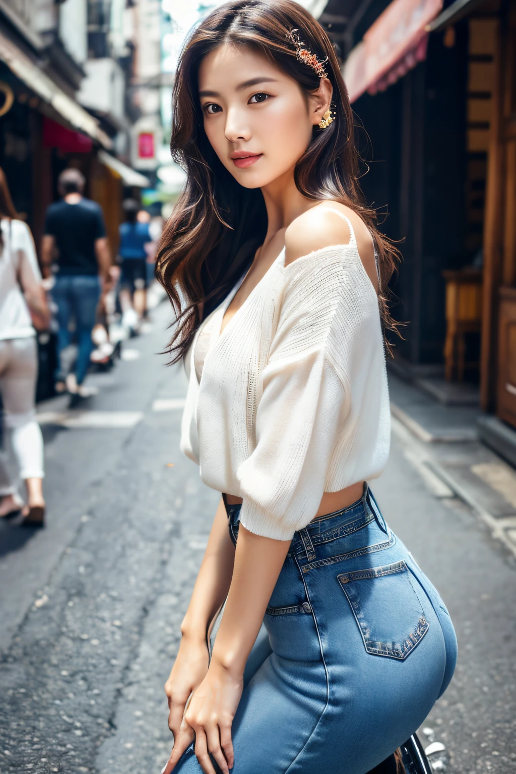 A woman in jeans and a white top sitting on a stool - SeaArt AI