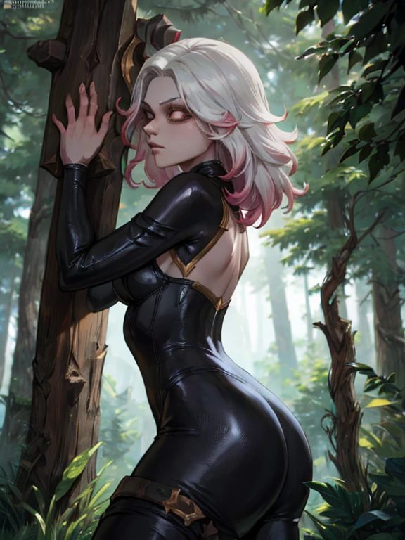 black body suit, briar, league of legends, white hair, white eyes, in woods, back turned