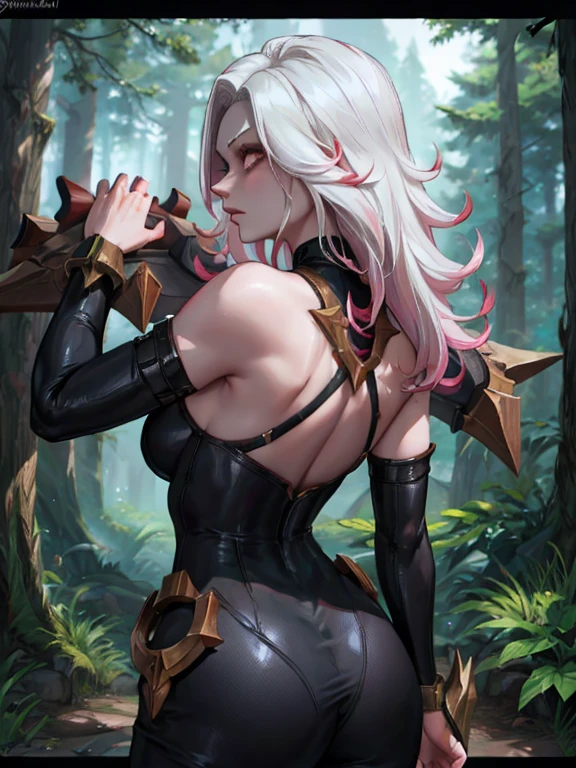 black body suit, briar, league of legends, white hair, white eyes, in woods, back turned