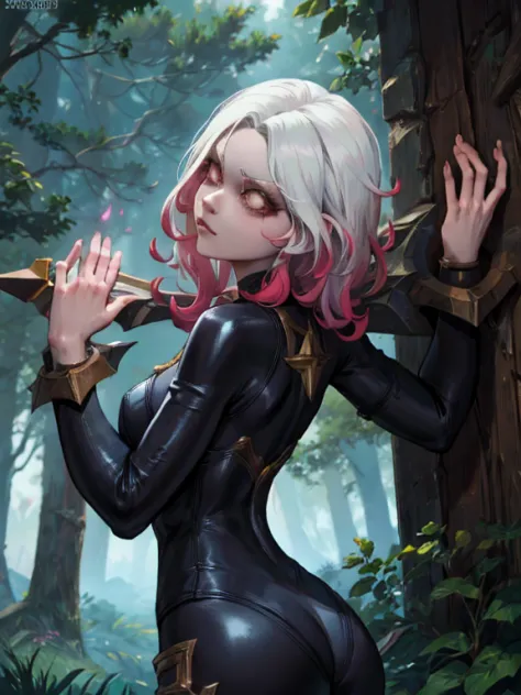 black body suit, briar, league of legends, white hair, white eyes, in woods, back turned