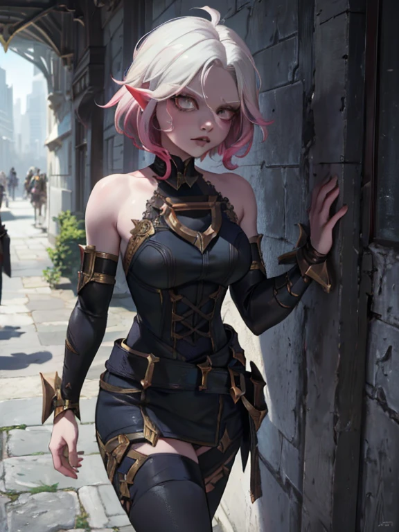 (masterpiece, best quality, ultra-detailed), 1girl, briar, league of legends, grey skin, white hair, white eyes, short hair, (pointy ears), looking at viewer, walking, in the city, aerial shot, focus on face