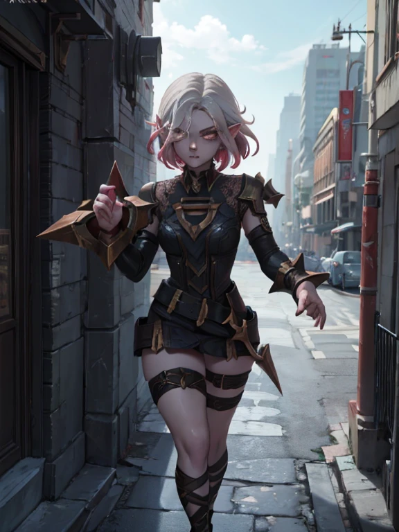 (masterpiece, best quality, ultra-detailed), 1girl, briar, league of legends, grey skin, white hair, white eyes, short hair, (pointy ears), looking at viewer, walking, in the city, aerial shot, focus on face