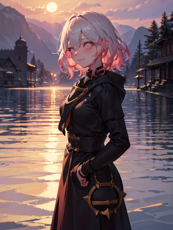 A girl with short hair, smiling with direct eye contact, is standing outdoors in front of a picturesque mountain. The sky above her is painted in hues of orange and pink as the sun sets, creating a beautiful sunset. In the background, there is a serene temple, adding a touch of simplicity to the overall scene. The lighting is dramatic, with rays of warm light illuminating the girl's face and creating a sense of depth and emotion. Her face is cute and her cheeks have a subtle blush, enhancing her charm. The artwork is of the highest quality, with a resolution of 4k or 8k, it a true masterpiece.