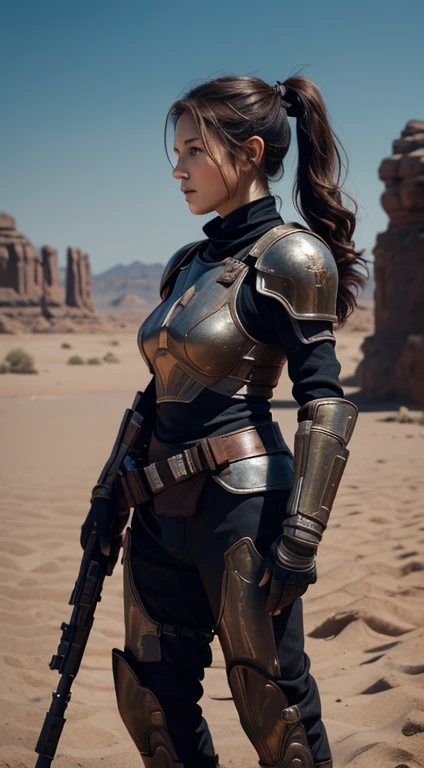 imagem realista em 8k de uma mulher de 30 anos, cabelo castanho, penteado em um rabo de cavalo apertado, vestido com uma armadura preta de guerreiro RPG mandaloriano, parada no meio do deserto com seu rifle de precisão apontado para o rosto, atirando no alvo fora do quadro, rosto hiperdetalhado, foto de perfil de corpo inteiro, expressão de foco, estilo de arte guerra nas estrelas realista