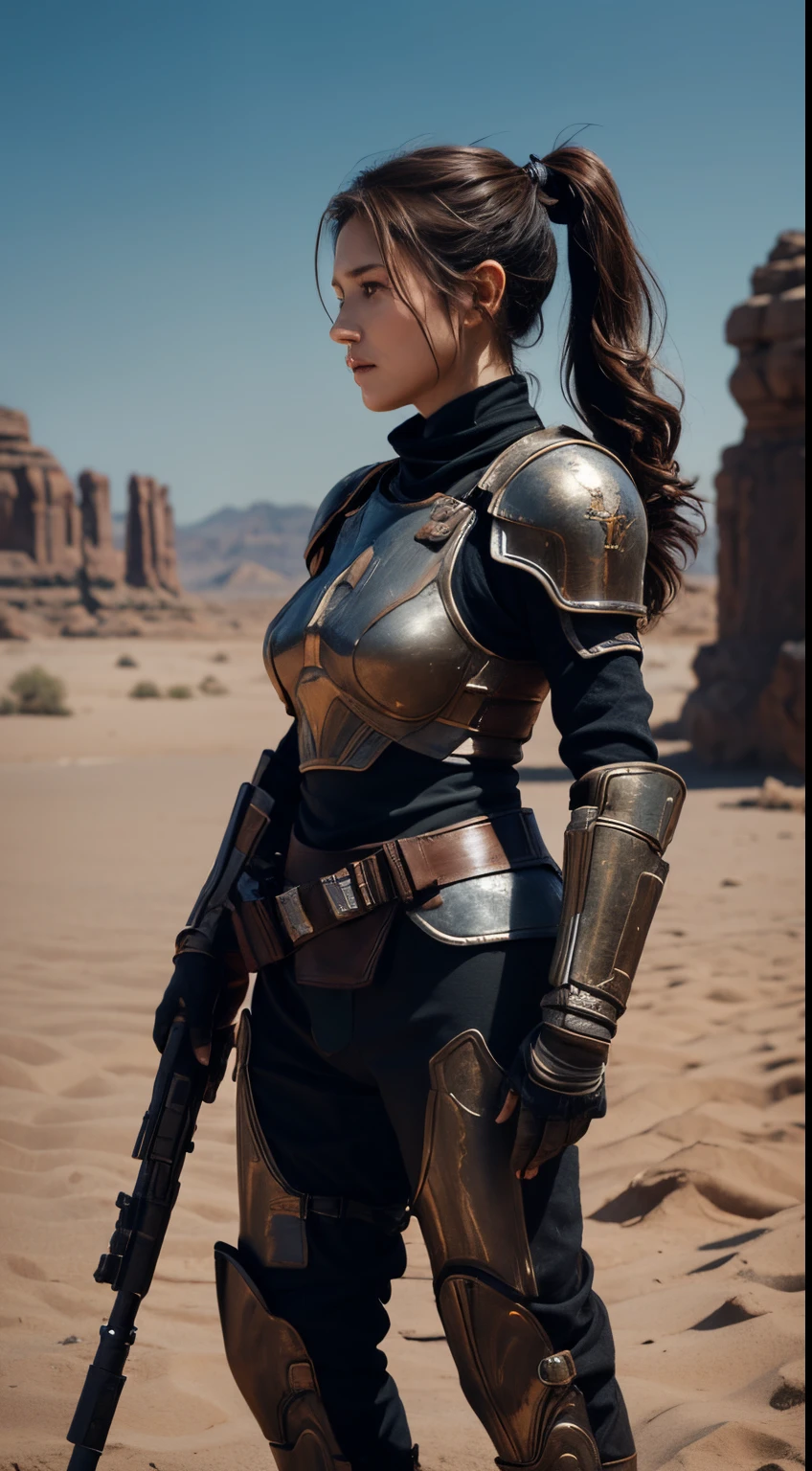 imagem realista em 8k de uma mulher de 30 anos, cabelo castanho, penteado em um rabo de cavalo apertado, vestido com uma armadura preta de guerreiro RPG mandaloriano, parada no meio do deserto com seu rifle de precisão apontado para o rosto, atirando no alvo fora do quadro, rosto hiperdetalhado, foto de perfil de corpo inteiro, expressão de foco, estilo de arte guerra nas estrelas realista