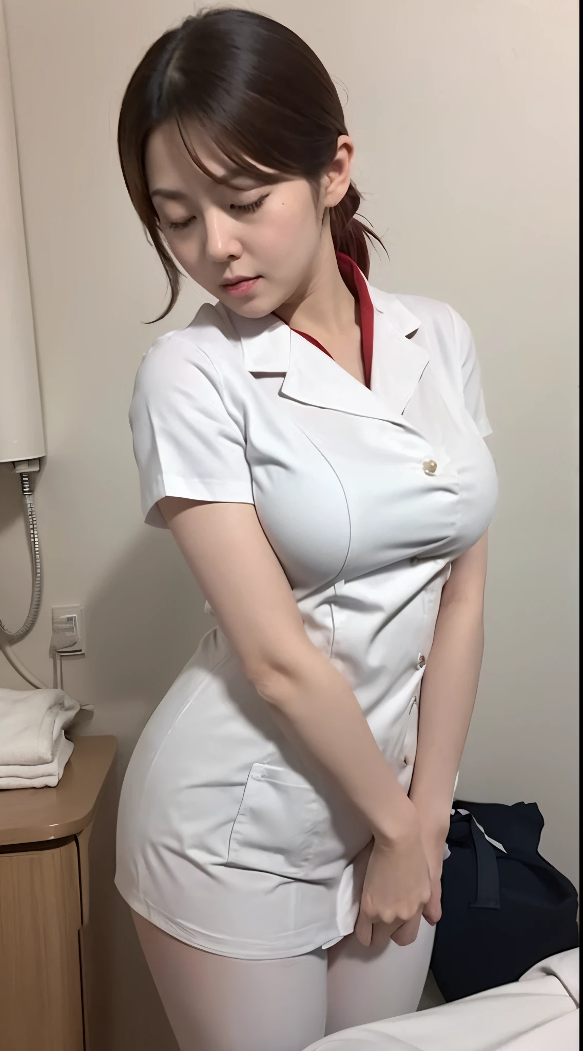 Arafed asian nurse in white uniform standing in a hotel room - SeaArt AI