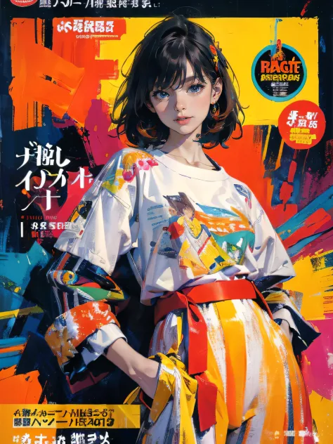 (masterpiece:1.2, best quality), (magazine cover), (colorful Magazine cover with lots of text), brilliant colorful paintings, Co...