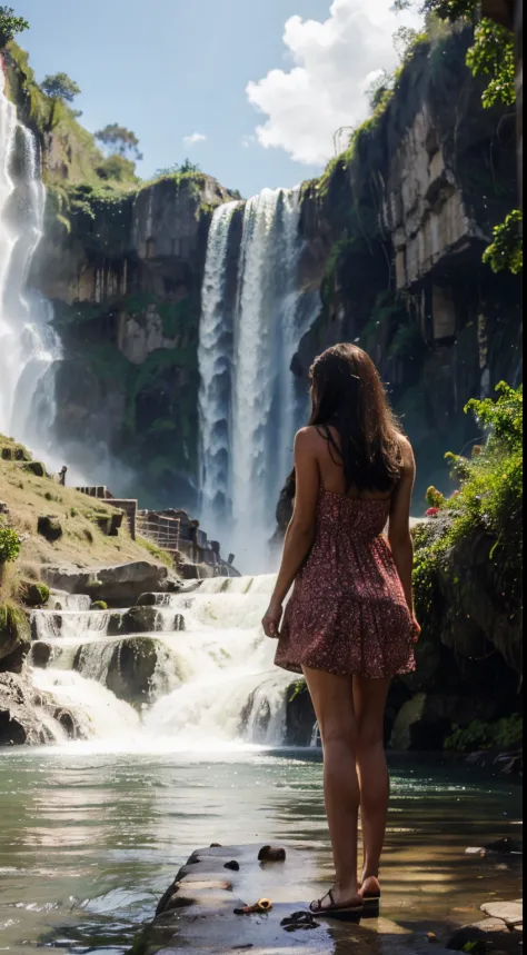 woman sundress at Mexico waterfall