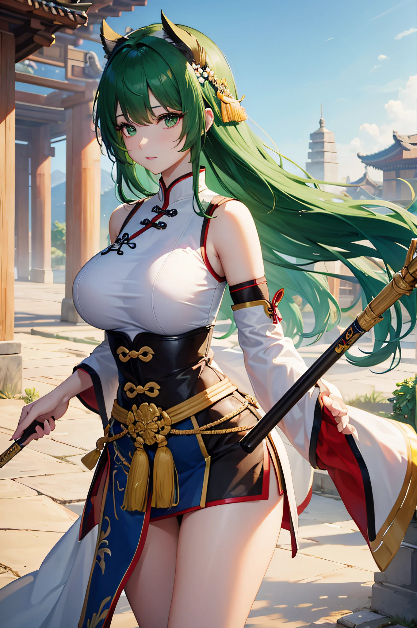 4K,hight resolution,One Woman,bright green hair,Longhaire,Colossal tits,ancient chinese military commander,white green cheongsam,spear,Ancient Chinese Villages