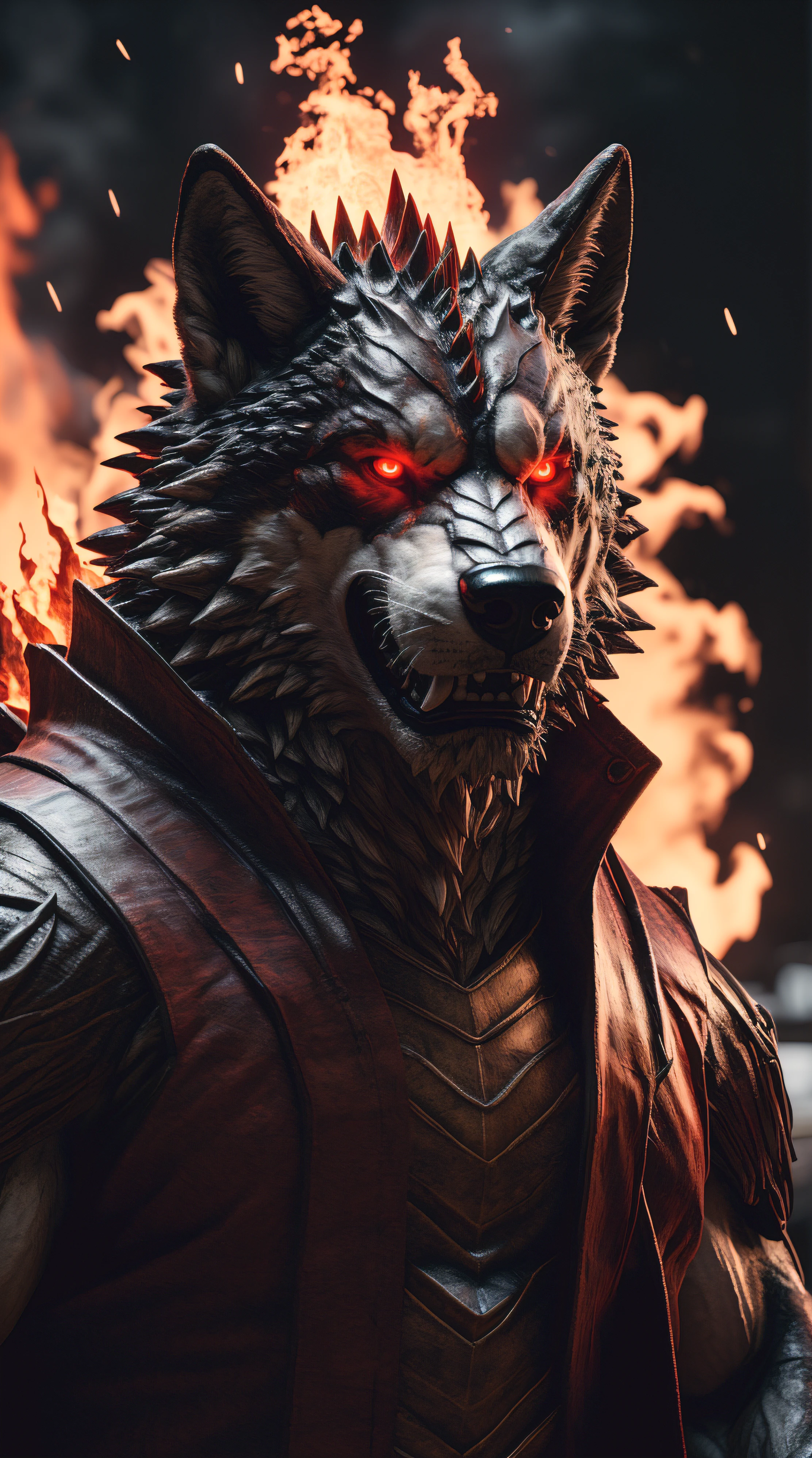 (best quality,16k,32k,Altas,master part:1.2),ultra-detalhado,(Realistic,fotorrealista,photo-realistic:1.37),(o chefe final Orochi lobo) glowing red eyes realistic fire background of Japan totally destroyed in flames alone looking at camera serious expression.