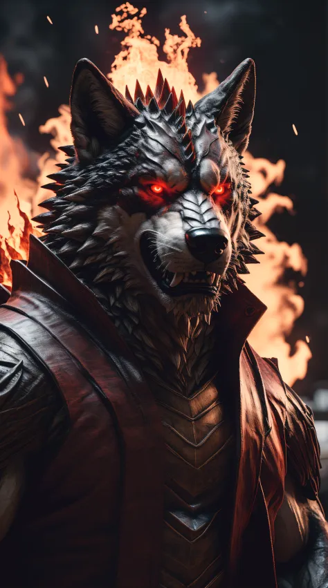 (best quality,16k,32k,Altas,master part:1.2),ultra-detalhado,(Realistic,fotorrealista,photo-realistic:1.37),(o chefe final Orochi lobo) glowing red eyes realistic fire background of Japan totally destroyed in flames alone looking at camera serious expressi...