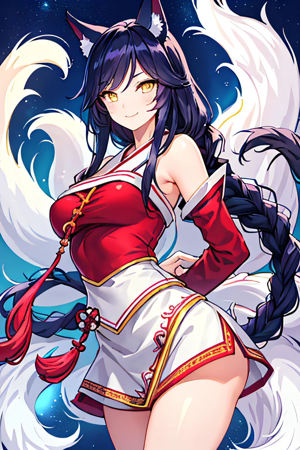 masterpiece, best quality, 1girl, IncrsAhri, multiple tails, fox tail, korean clothes, skirt, braid, arms behind back, seductive smile,