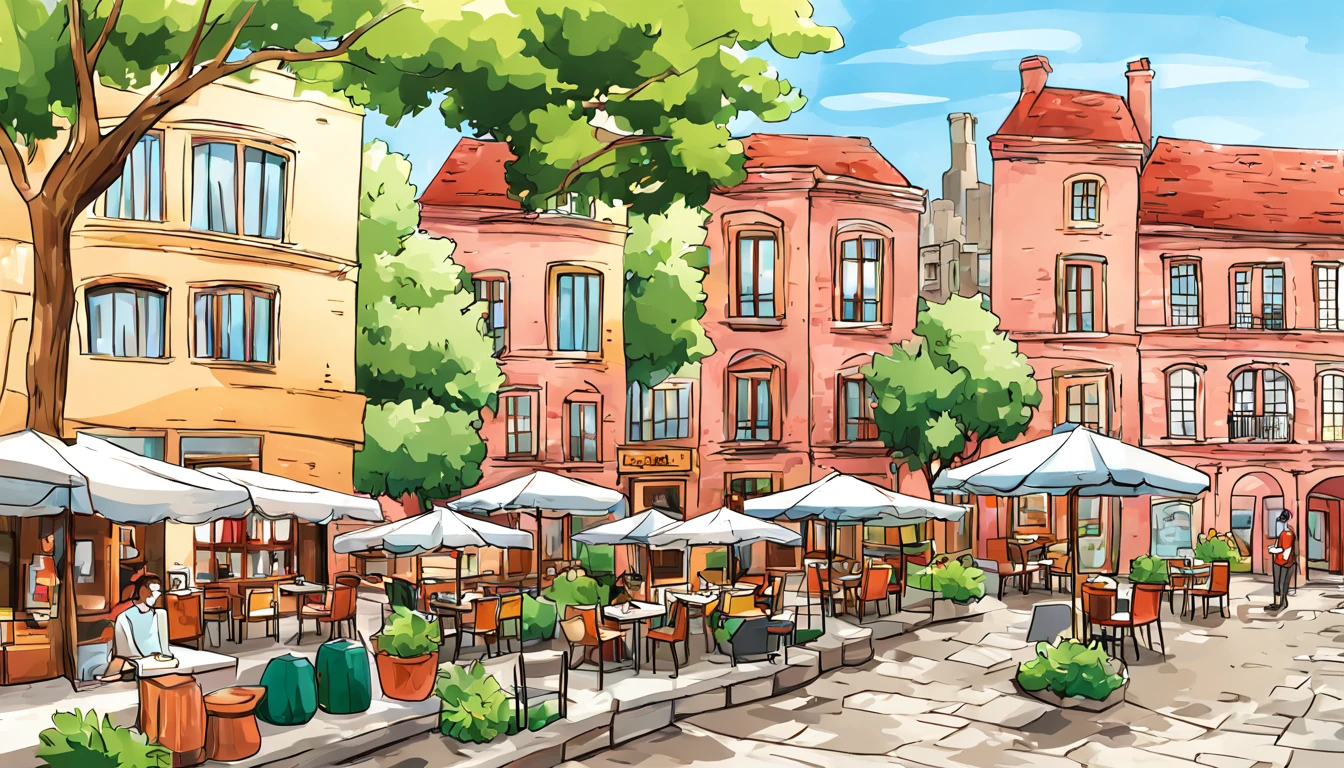 Illustration of a stylish cafe on a cobblestone street、european townscape、Terrace seating、Sunnyday、refreshing