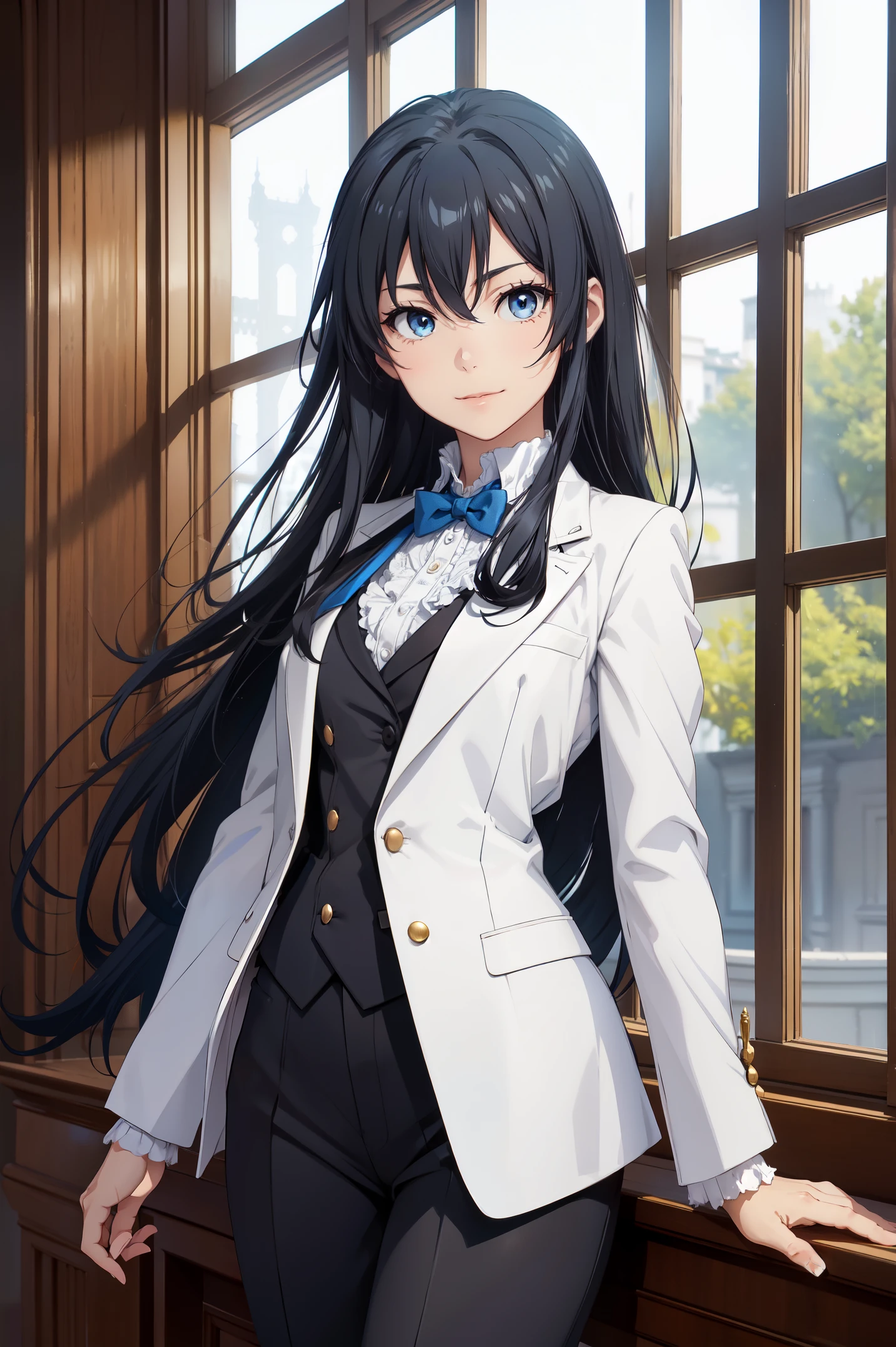 Yukinoshita yukino ,woman in formal attractive tailcoat standing in a large alcove in the room , 1girl, solo, blue necktie, black hair, blue eyes, long hair, smile , collared shirt, white pants, white shirt , tailored tailcoat elegant , standing in front of a window ,tailcoat tailored to perfection. Featuring striking Victorian theme and crafted from the lustrous fabric , close up