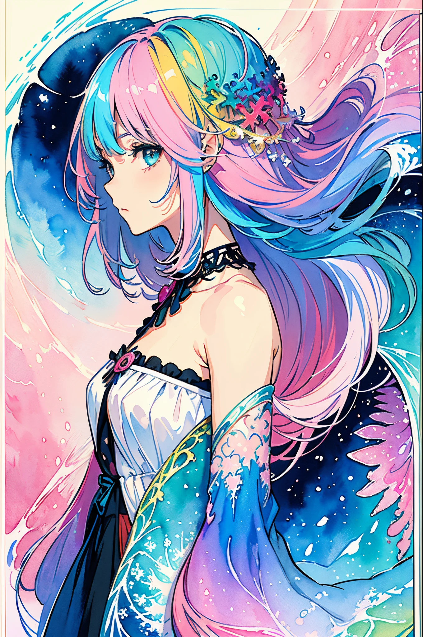 (Masterpiece, Top Quality, Best Quality, watercolour (medium), official arts, Beauty and Aesthetics: 1.2), (1girl: 1.3), (s fractal art: 1.3), clean background,  Background, full - body, Looking at the viewer from the side, Pattern, (rainbow hair, Colored hair, half blue and half pink hair: 1.2)