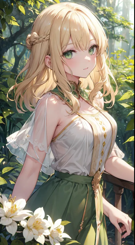 blonde hair, green eyes, royalty, medium hair, fit body, dynamic angle, forest background, princess, gentle, elegant, poised, flower hairpin [masterpiece, ultra-detailed, best quality]