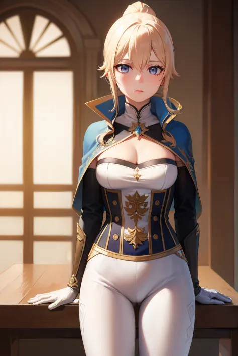 jeangunnhildr, jean, blonde hair, blue eyes, hair between eyes, medium hair, ponytail,
break black gloves, blue capelet, capelet...