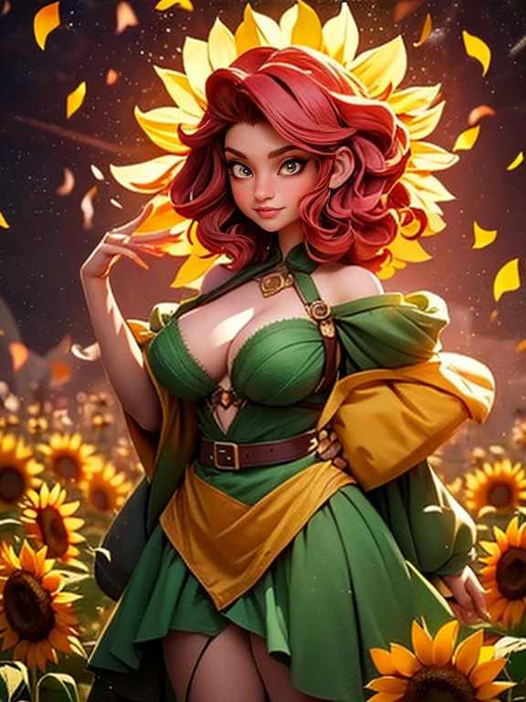 The sunflower witch, a woman with a sunflower dress, red hair, magic ambience, amazing fantasy idea, surround by plants and sunflowers, Magic particles, sunflower petals