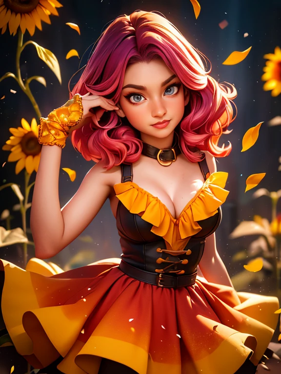 The sunflower witch,red hair,(best quality,4k,8k,highres,masterpiece:1.2),sunflower dress,magic ambience,amazing fantasy idea,plants,sunflowers,Magic particles,sunflower petals