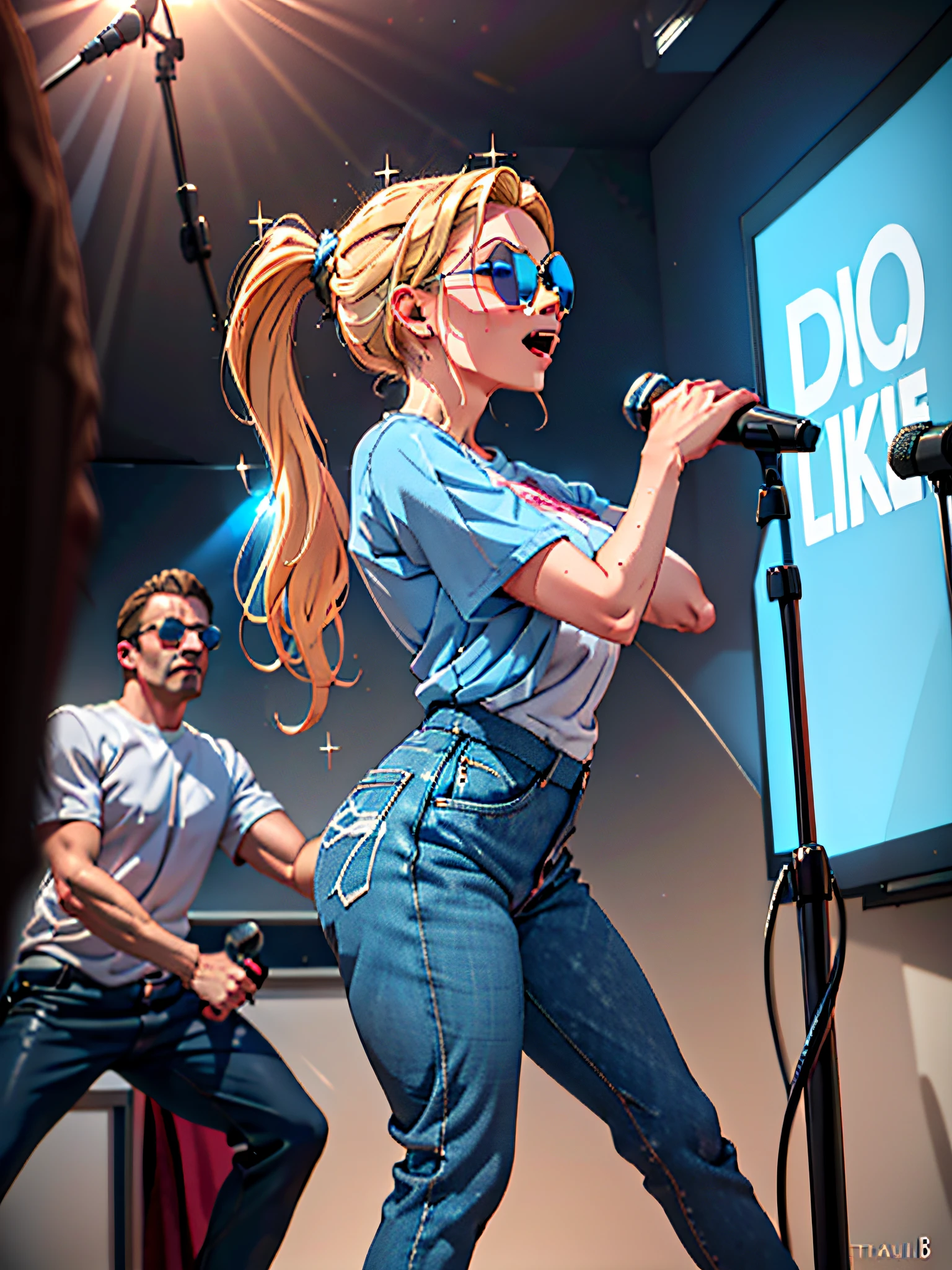 beautiful woman singing karaoke, holding microphone::4 dark blonde hair, sunglasses, ponytail, long hair, side swept bangs, evil smile, from below, from side, dark blue yoga pants, light blue t-shirt, jean jacket,, full body, athletic body, medium build, big butt, fantastic realism, bokeh, ultra detailed