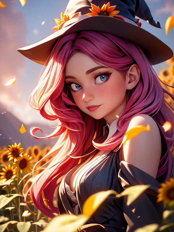 The sunflower witch,red hair,(best quality,4k,8k,highres,masterpiece:1.2),sunflower dress,magic ambience,amazing fantasy idea,plants,sunflowers,Magic particles,sunflower petals