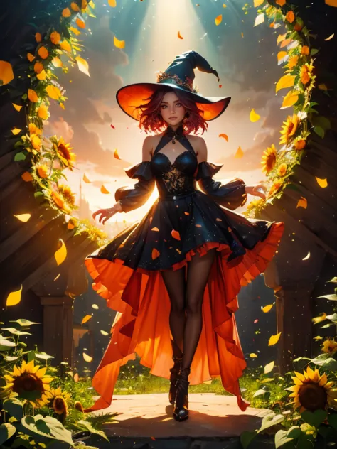 The sunflower witch, a crazy woman with a sunflower dress, red hair, magic ambience, amazing fantasy idea, surround by plants an...