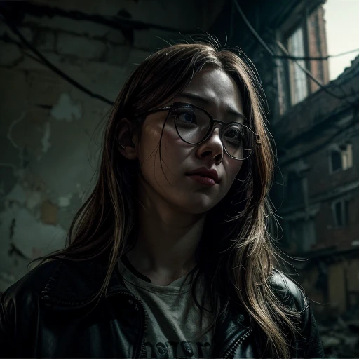 Subject, a terrified woman (Kim Taeyeon) with a narrow face, strong jaw, plump cheeks, transparent glasses, dark hair with blonde highlights, and distressed in a nightmarish scene within a dilapidated, abandoned asylum, captured in a harrowing masterpiece with the best quality using a shot from below through a 75mm lens with fisheye effect (f/1.2), emphasizing a point of view from below (f/1.4), surrounded by the haunting remnants of the asylum with shattered windows, decaying walls, and eerie shadows, featuring a horrified expression, desperate eyes, and disheveled appearance, trapped in an atmosphere of dread, captured with cinematic lighting, dimly backlit with haunting shadows, creating a disturbing composition.