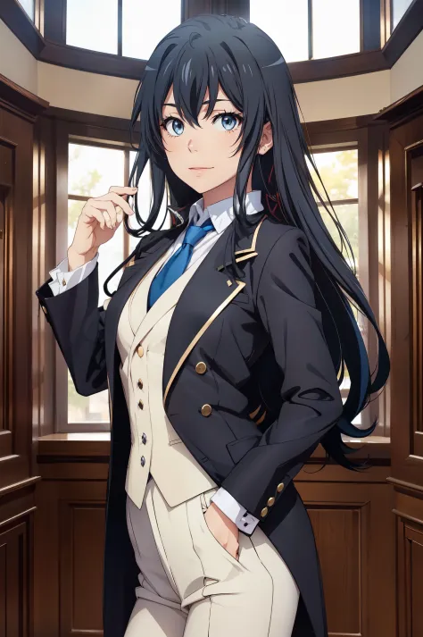 yukinoshita yukino ,woman in formal attractive tailcoat standing in a large alcove in the room , 1girl, solo, blue necktie, blac...