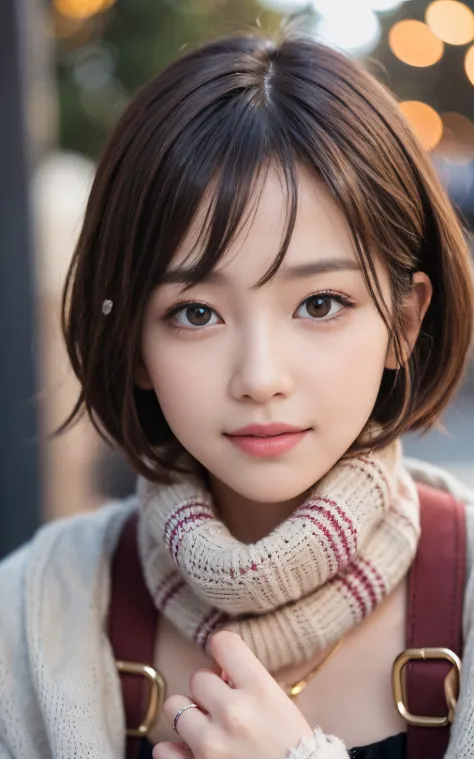 21 year old wearing cute winter clothes、during daytime、Sunshine、shopping、Kawaii Girl、Little brown hair、Shortcut Hair、Around her、Christmas Decorations、Smiling college girl、special christmas.enjoy your time。Super Detail Face、Eye of Detail、二重まぶた、beautiful thi...