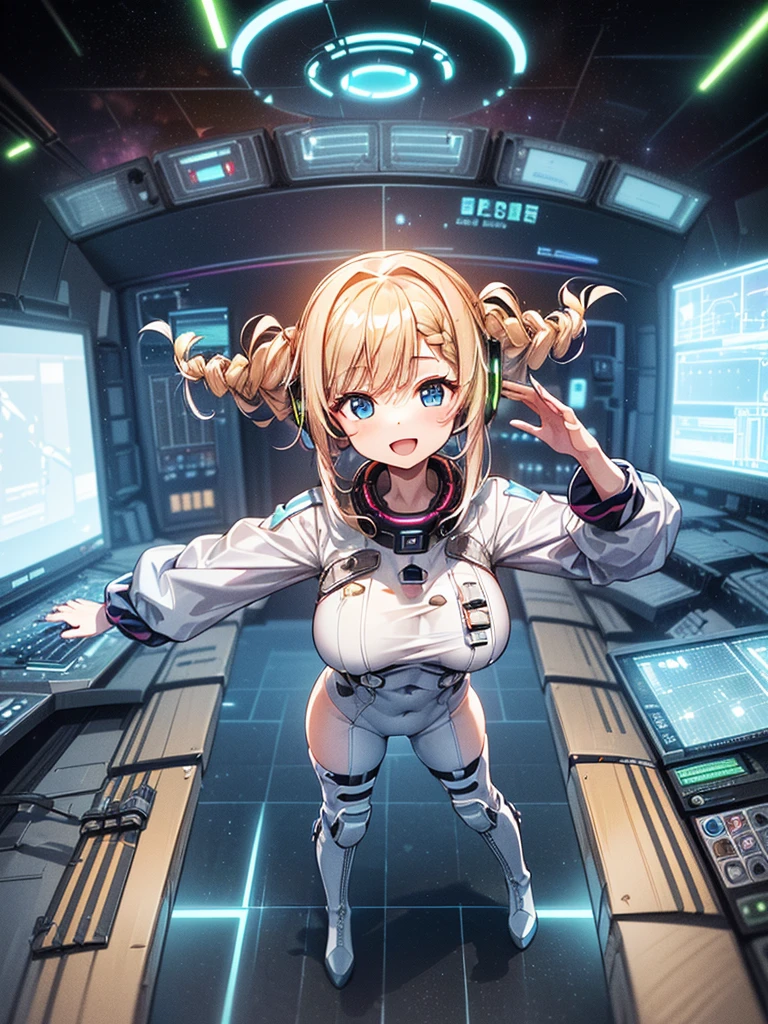 ​masterpiece:1.4, 1girl in ((20yr old, Wearing a tight, futuristic metallic white bodysuit,long boots, huge-breasted, blonde  hair, long,Braided hair,marguerite&#39;Hairstyles, Perfect model body, Blue eyes:1.4, Wearing headphones, Flirting, Happy,  Looking out the window of the futuristic sci-fi space station、While admiring the beautiful galaxy:1.2, SFSF control room on night background:1.1, Neon and energetic atmosphere:1.2)) ((Galaxy)) ((Solo:1.6))