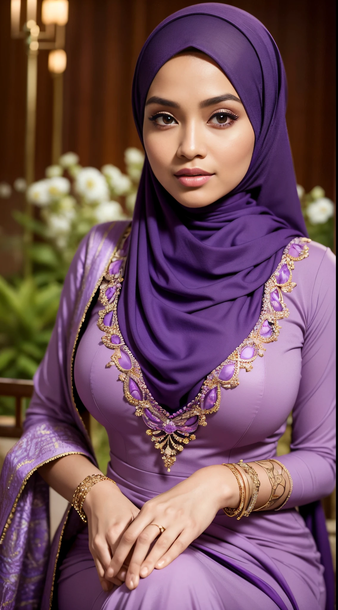 RAW, Best quality, high resolution, masterpiece: 1.3), beautiful Malay woman in hijab,Masterpiece, perfect slim fit body, Huge breast,big gorgeous eyes, Soft smile,thick thighs, a close up of a woman in a purple dress and a purple scarf, jacked purple, wearing purple attire, wearing beautiful clothes, beautiful design, hijab, in crimson purple, very beautiful enga style, beautiful masterpiece, fine details. Purple, wearing gorgeous clothing, dominating purple color, crimson themed , (Delicate turtleneck) , necklace, shairband, afternoon walk, City garden, Excellent lighting, Bright colors, Clean lines