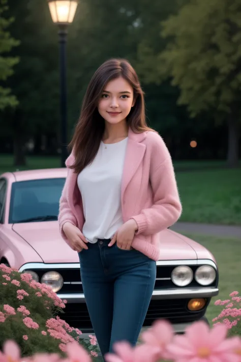 (best quality, masterpiece),1girl, solo, looking at viewer, smile, brown hair, outdoors, brown eyes, lips, night, ground vehicle, portrait, standing in pink flowers park, realistic, car, lamppost , 8k uhd, dslr, soft lighting, high quality, film grain, Fuj...
