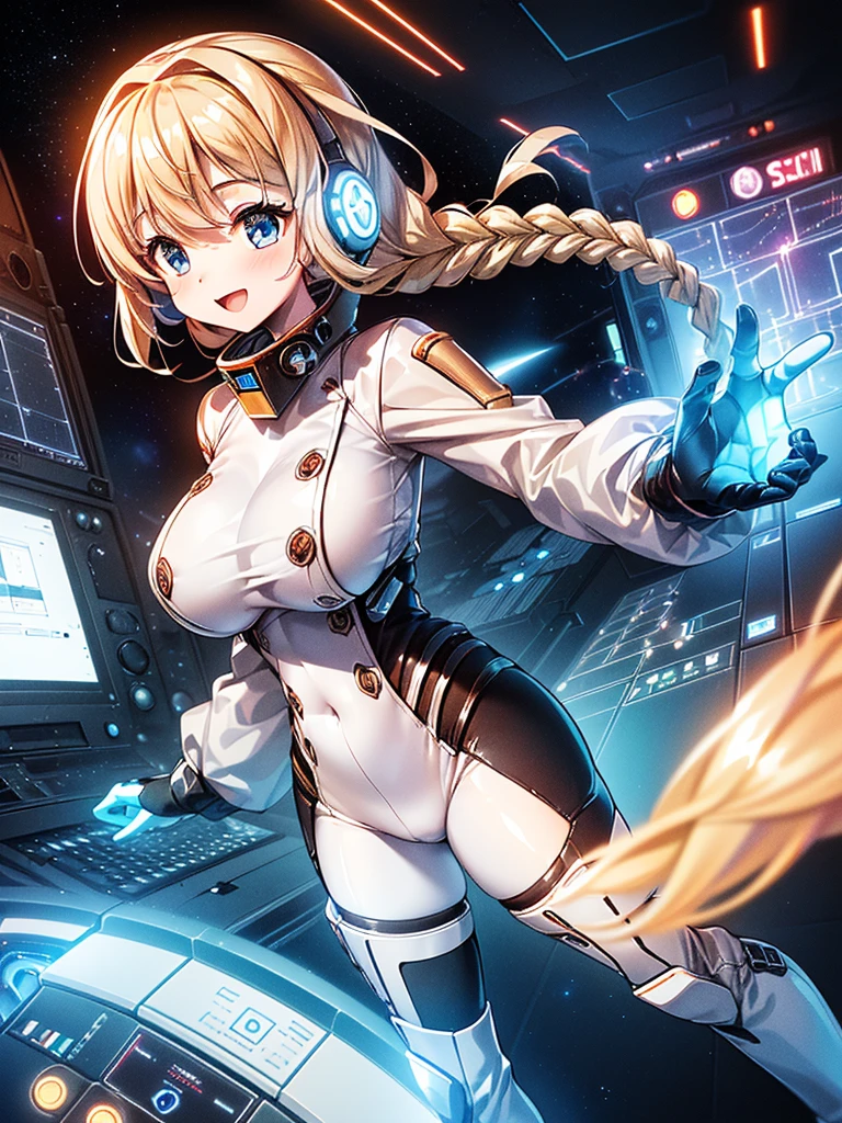 ​masterpiece:1.4, 1girl in ((20yr old, Wearing a tight, futuristic metallic white bodysuit,long boots, huge-breasted, blonde  hair, long,Braided hair,marguerite&#39;Hairstyles, Perfect model body, Blue eyes:1.4, Wearing headphones, Flirting, Happy,  Looking out the window of the futuristic sci-fi space station、While admiring the beautiful galaxy:1.2, SFSF control room on night background:1.1, Neon and energetic atmosphere:1.2)) ((Galaxy)) ((Solo:1.6))