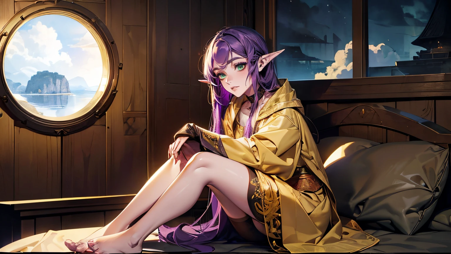 masterpiece, high quality, inside wooden ship cabin, boat cabin, porthole, circle shaped window, 1_woman, (full body), tall, ((petite figure)), (exotic skin_complexion:1.4), beautiful, exotic, with long elf ears, looking away from viewer, ((looking out window)), clouds outside window, sitting, sitting on bed, hands together, knees together, wearing (yellow hooded cloak), yellow robes, black choker, black dress, (black thigh highs with purple embroidery), bare feet, long fingerless leather gloves, medium_bust, bright purple hair, long hair, wavy hair, realistic and detailed face having (green_eyes), dark_eyeliner, long_eyelashes), perfect hands, dim lighting,