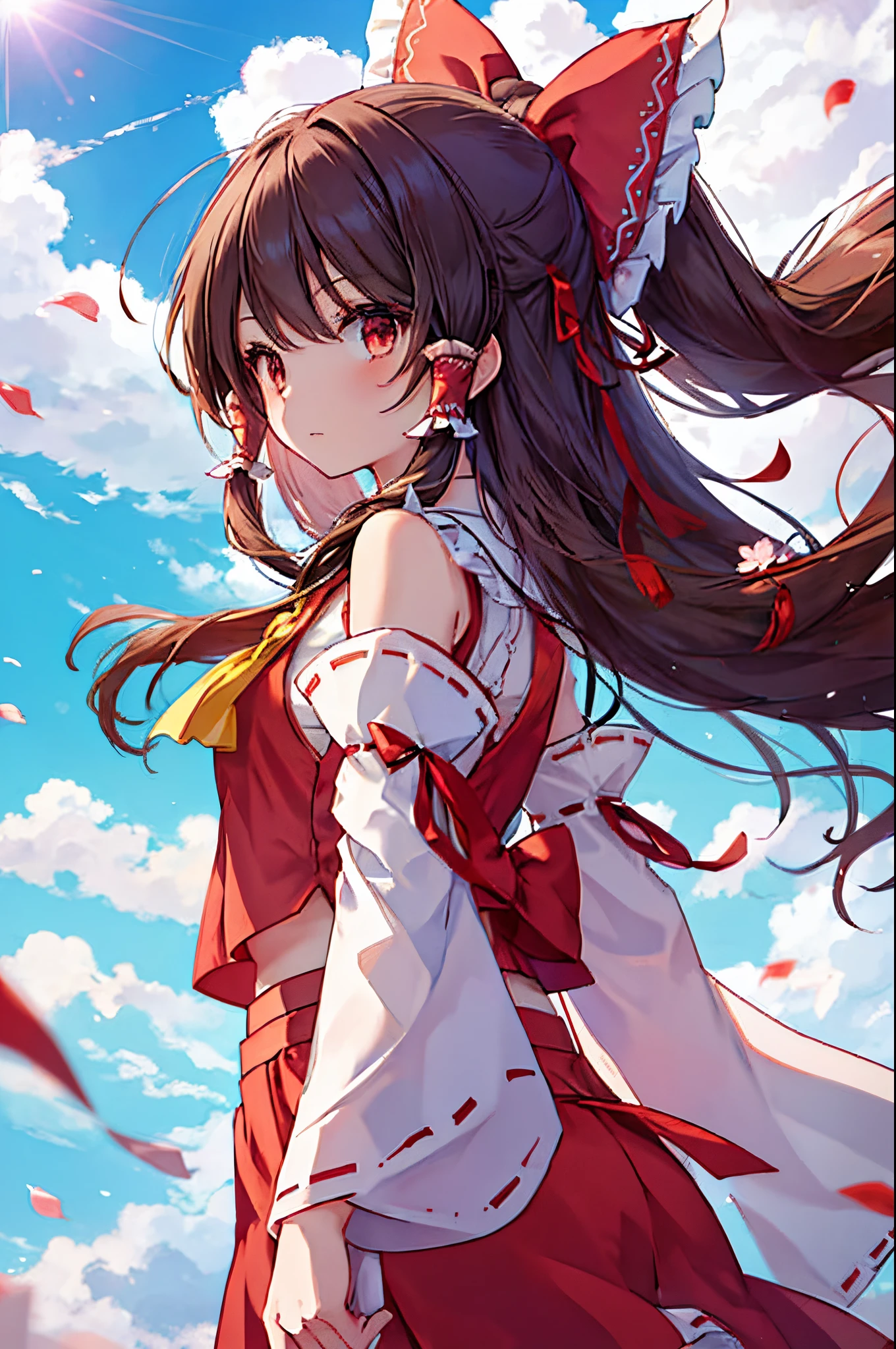 a beautiful anime scene of a pretty young girl flying high in the air, 1girl, long hair, solo, hakurei reimu, bow, hair bow, gohei, brown hair, red bow, detached sleeves, skirt, arm ribbon, cloud, red skirt, ribbon, petals, from behind, sun, ribbon trim