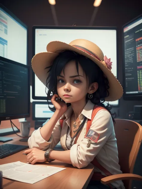 A photograph depicting a trader sitting at a desk in a bustling trading floor. They are surrounded by computer monitors displayi...