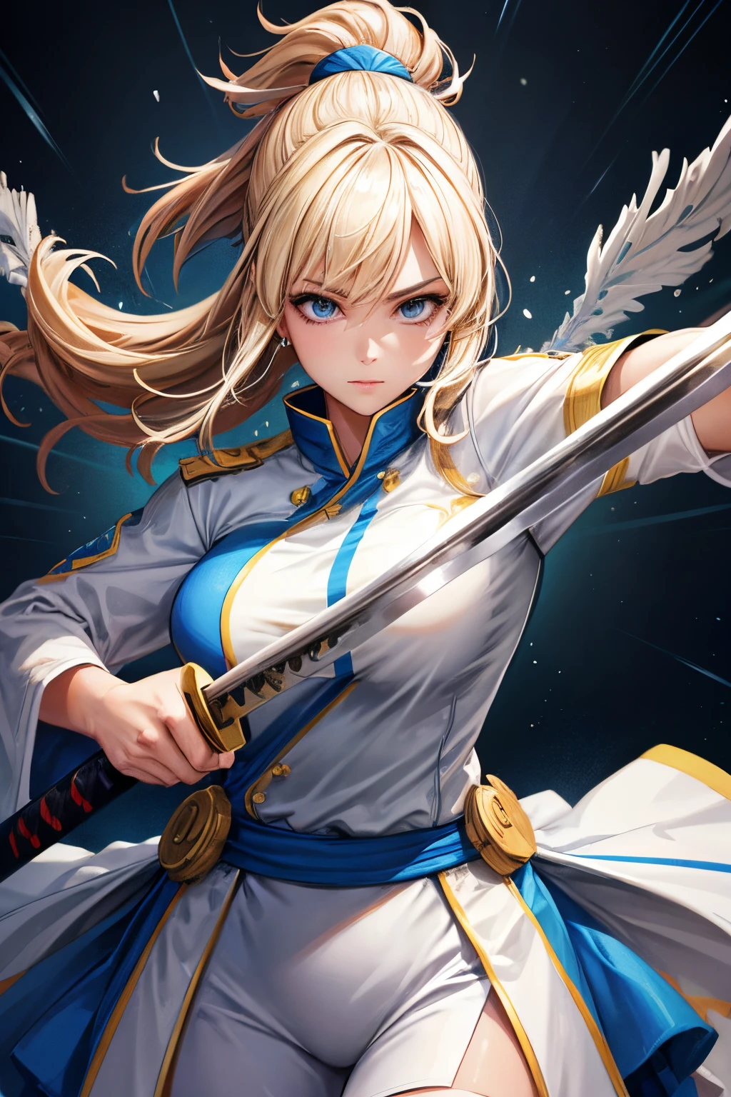 A blonde woman cheerleader with an energetic movement, holding a katana, depicted in an illustration style with high contrast. The artwork is of the best quality, showcasing ultra-detailed features. The lighting is set up in a studio, illuminating the scene to perfection. The colors are vivid and vibrant, creating a visually striking composition. In the background, wispy smoke adds a dynamic element, while bokeh creates a beautiful depth of field effect. The woman is dressed in a white uniform, which enhances the overall visual impact of the artwork.