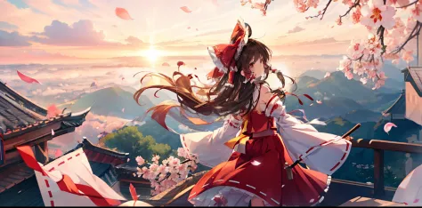 a beautiful anime scene of a pretty young girl flying high in the air, 1girl, long hair, solo, hakurei reimu, bow, hair bow, goh...