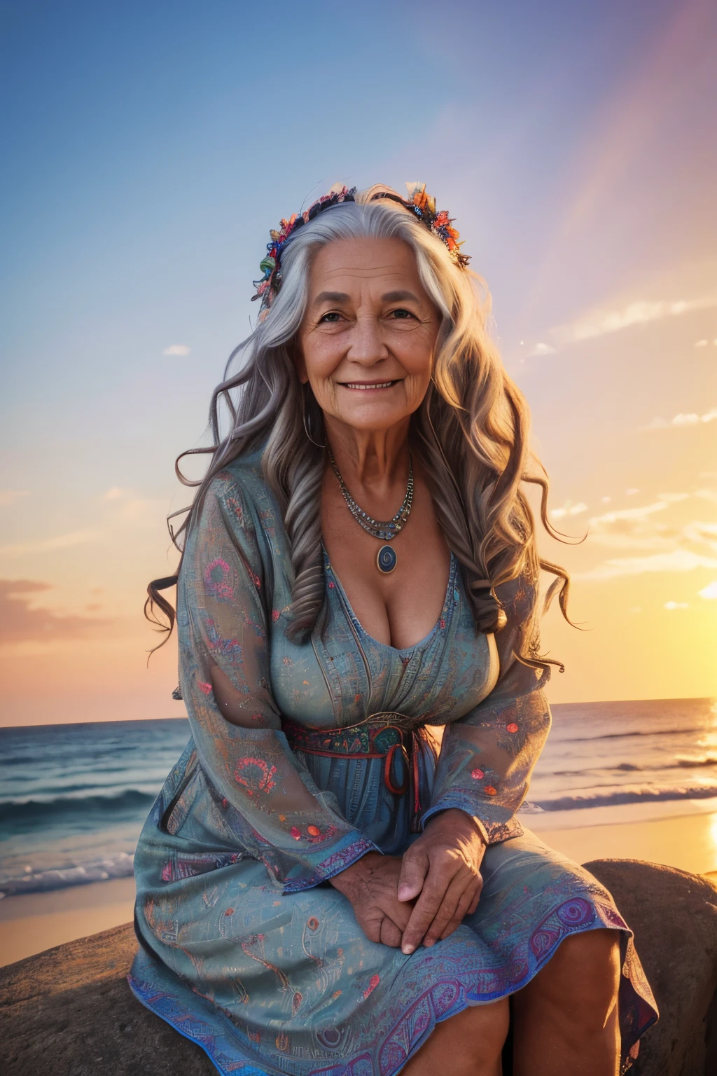 Highly detailed portrait of a old aged woman, wrinkles, wearing a hippie dress, smiling, (busty) long wavy hair, sitting on a rock, sunset view, symmetrical face, symmetrical eyes, looks at the camera, stunning photography, photorealistic, art station, soft pastel colours, highly detailed, intricate, path tracing, illustration, insanely detailed, shadow mapping volumetric light, specular lighting