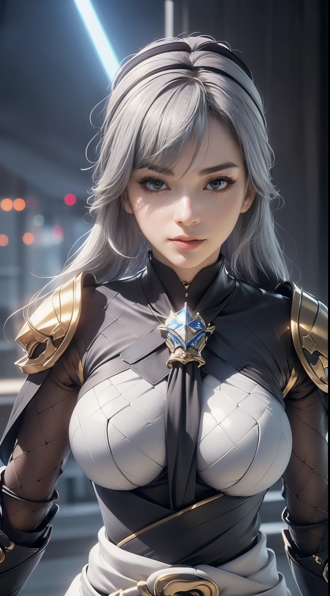 ((unreal enginee 5)), lifelike rendering, excellent, (Full Armor Body), (cloaks), (Helm), looking in camera, Stand in the studio, Beautiful face, makeup, CGI Mix, (Photorealism:1.2), Ultra-realistic UHD face, (Colossal tits), Slim waist, an hourglass figure, Half body, ((Glowing skin)), ((Shiny skin)), Realistic body, ((She has a )), ((Clean skin)), Photorealistic, Bokeh, Motion Blur, masutepiece, hight resolution, 1080p, Super Detail, Textured skin, (Sword at the waist), close up to upper body, silver hair, drill hair:0.4