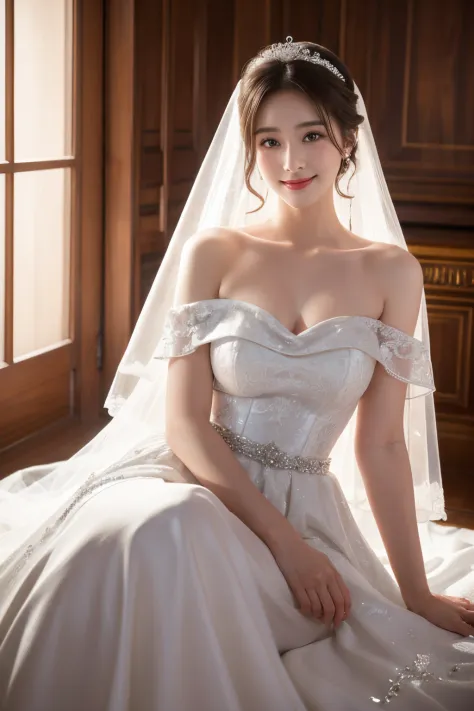 Young girl in wedding dress and updo, Off-shoulder neckline, and a long veil. her face is young and innocent, Looks like a child. She looks at the camera with a playful expression. Detailed artwork with vivid illustrations, Realistic colors, Capture every ...