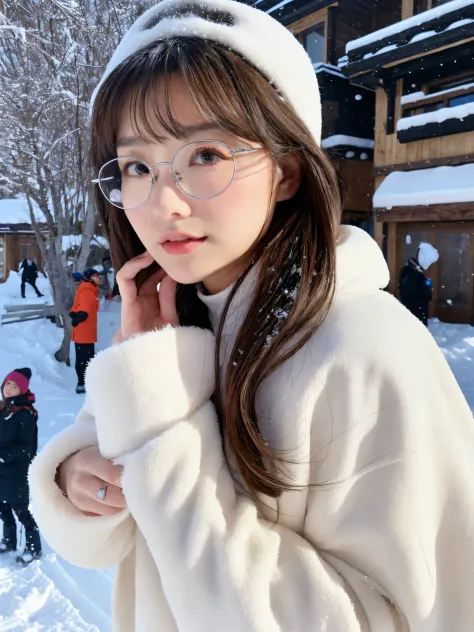 top-quality、超A high resolution、​masterpiece:1.3), Snow ski resort crowded  with many people, masutepiece, Midhair with bangs, Detailed moisturized  eyes - SeaArt AI