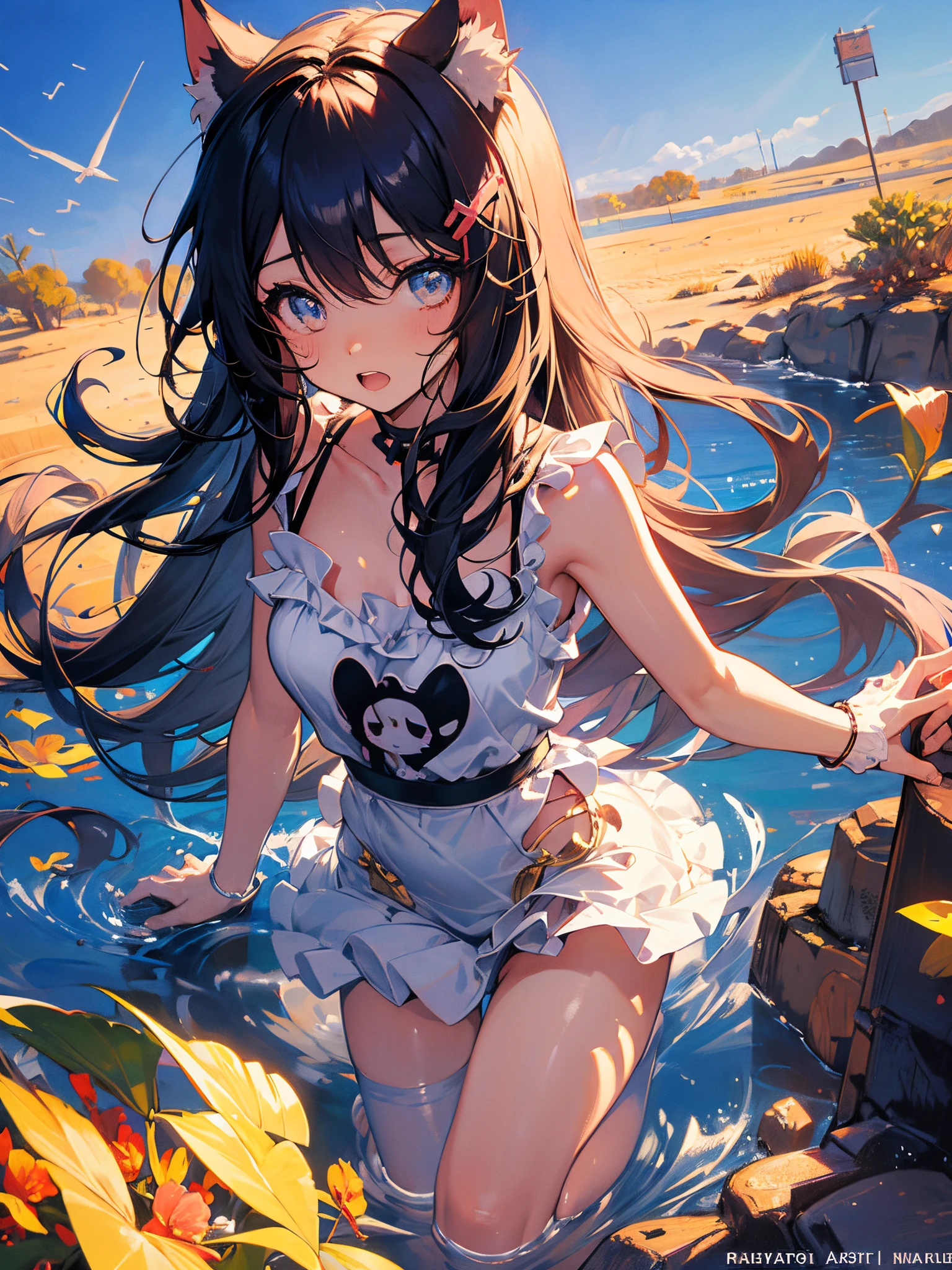 master part, High quality anime illustration, super detalhado, uma menina, foco solo, menina bonita com orelhas de gato do cabelo prateado, Anime Loli, Loli de orelha de gato, thigh emphasis, deus Bastet, Bathing in the desert oasis, Puro molhado