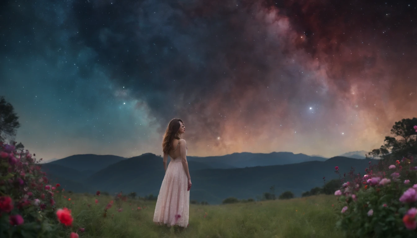 ((best qualityer)), ((master part)), vast landscape photo, (from low, The sky above and the open field below), a girl standing on a flower field looking up, (fullmoon: 1.2), (Meteor: 0.9), (nebula: 1.3), distant mountains, Trees BREAK Making Art, (Warm Light Source: 1.2), (PiriLampo: 1.2), lamps, lot of purple and orange, Intricate Detailing, Volumetric lighting, realism BREAK (master part: 1.2), (best qualityer), 4K, ultra detali, (dynamic compositing: 1.4), Very detailed, richness of details, (Iridescent Colors: 1.2), (Glow Up, Atmospheric Illumination), dreamy, magica, (standing alone: 1.2), Depth of field, Maximum Sharpness and Clarity, perfectly proportions,