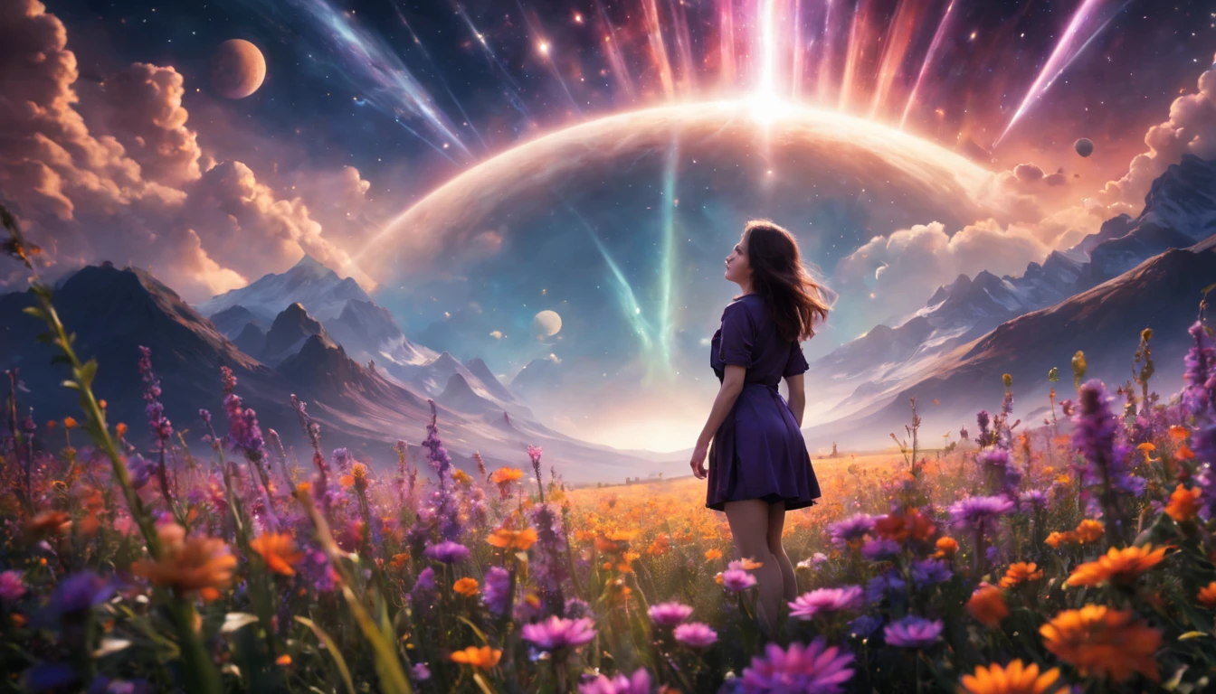 expansive landscape photograph, (View from below with a view of the sky and desert below), (((Girl standing in a field of flowers looking up))), (fullmoon: 1.2), (Shooting Star: 0.9), (nebula: 1.3), distant mountain, tree BREAK production art, (Warm Light Source: 1.2), (Pirilamplighto: 1.2), lamplight, purple and orange, details Intricate, Volume Lighting, realism BREAK (master part: 1.2) (best qualityer), 4K, ultra detali, (Dynamic configuration: 1.4), highly detailed and colorful details, (Iridescent Colors: 1.2), (bright illumination, Atmospheric Illumination), dreamy, magica, (standing alone: 1.2)