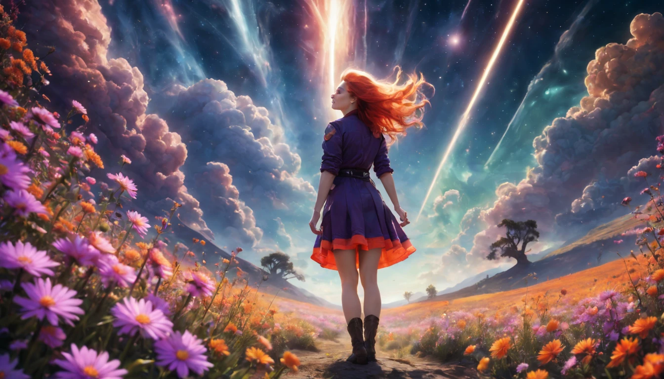 expansive landscape photograph, (View from below with a view of the sky and desert below), (((Girl standing in a field of flowers looking up))), (fullmoon: 1.2), (Shooting Star: 0.9), (nebula: 1.3), distant mountain, tree BREAK production art, (Warm Light Source: 1.2), (Pirilamplighto: 1.2), lamplight, purple and orange, details Intricate, Volume Lighting, realism BREAK (master part: 1.2) (best qualityer), 4K, ultra detali, (Dynamic configuration: 1.4), highly detailed and colorful details, (Iridescent Colors: 1.2), (bright illumination, Atmospheric Illumination), dreamy, magica, (standing alone: 1.2)