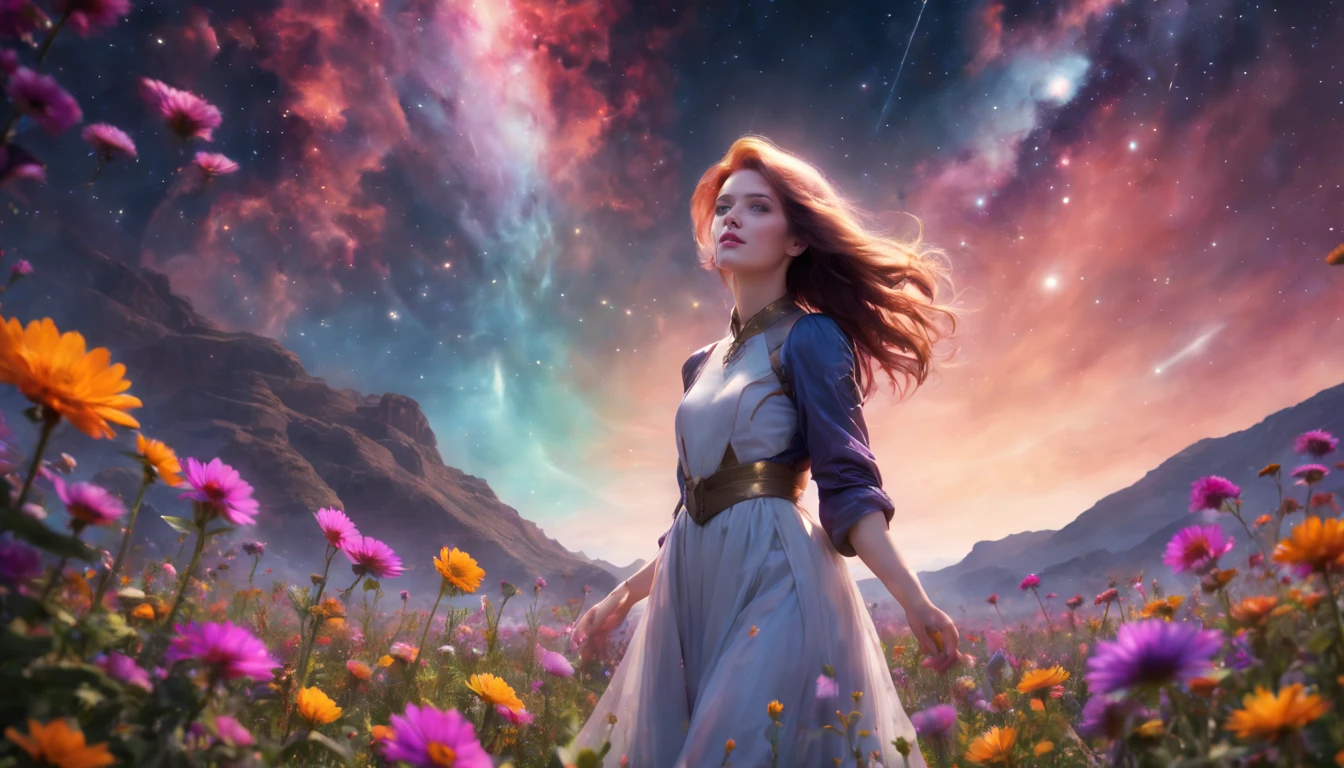 expansive landscape photograph, (View from below with a view of the sky and desert below), (((Girl standing in a field of flowers looking up))), (fullmoon: 1.2), (Shooting Star: 0.9), (nebula: 1.3), distant mountain, tree BREAK production art, (Warm Light Source: 1.2), (Pirilamplighto: 1.2), lamplight, purple and orange, details Intricate, Volume Lighting, realism BREAK (master part: 1.2) (best qualityer), 4K, ultra detali, (Dynamic configuration: 1.4), highly detailed and colorful details, (Iridescent Colors: 1.2), (bright illumination, Atmospheric Illumination), dreamy, magica, (standing alone: 1.2)